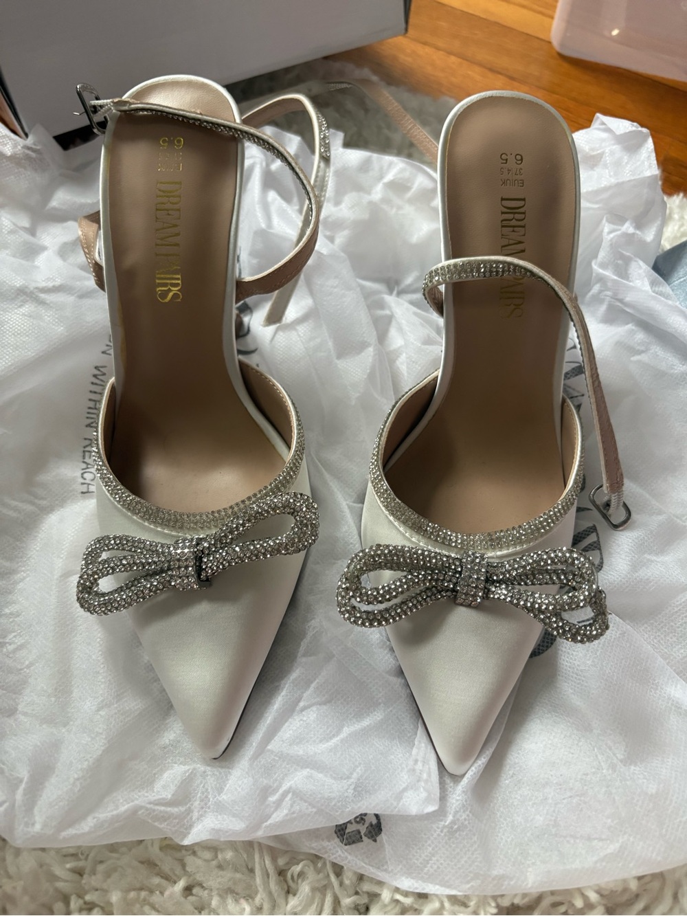 Dream Pairs Ivory Satin Pointed Toe Heels with Rhinestone Bow Accent